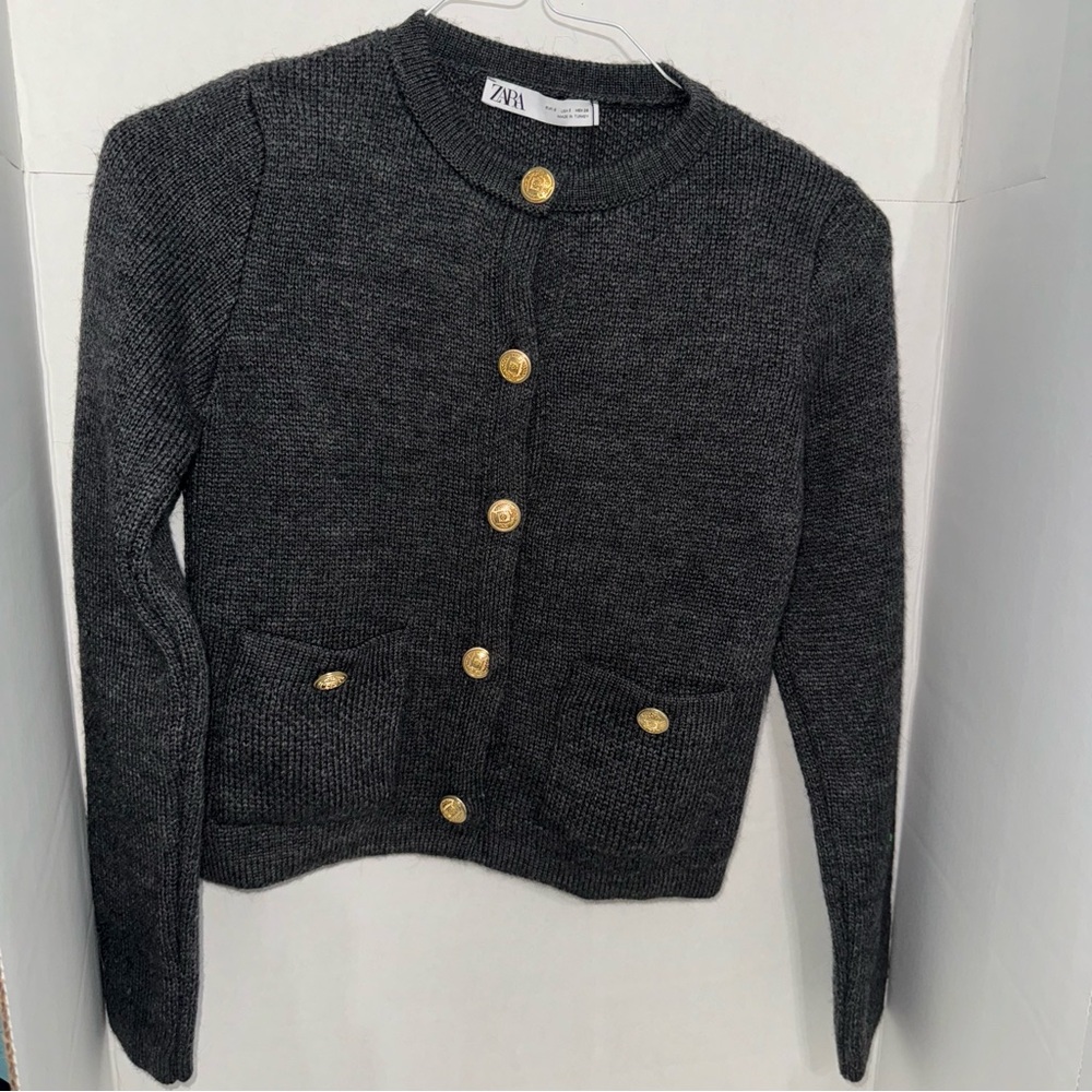 New Zara Charcoal Tweed Jacket with Gold Accents Size S